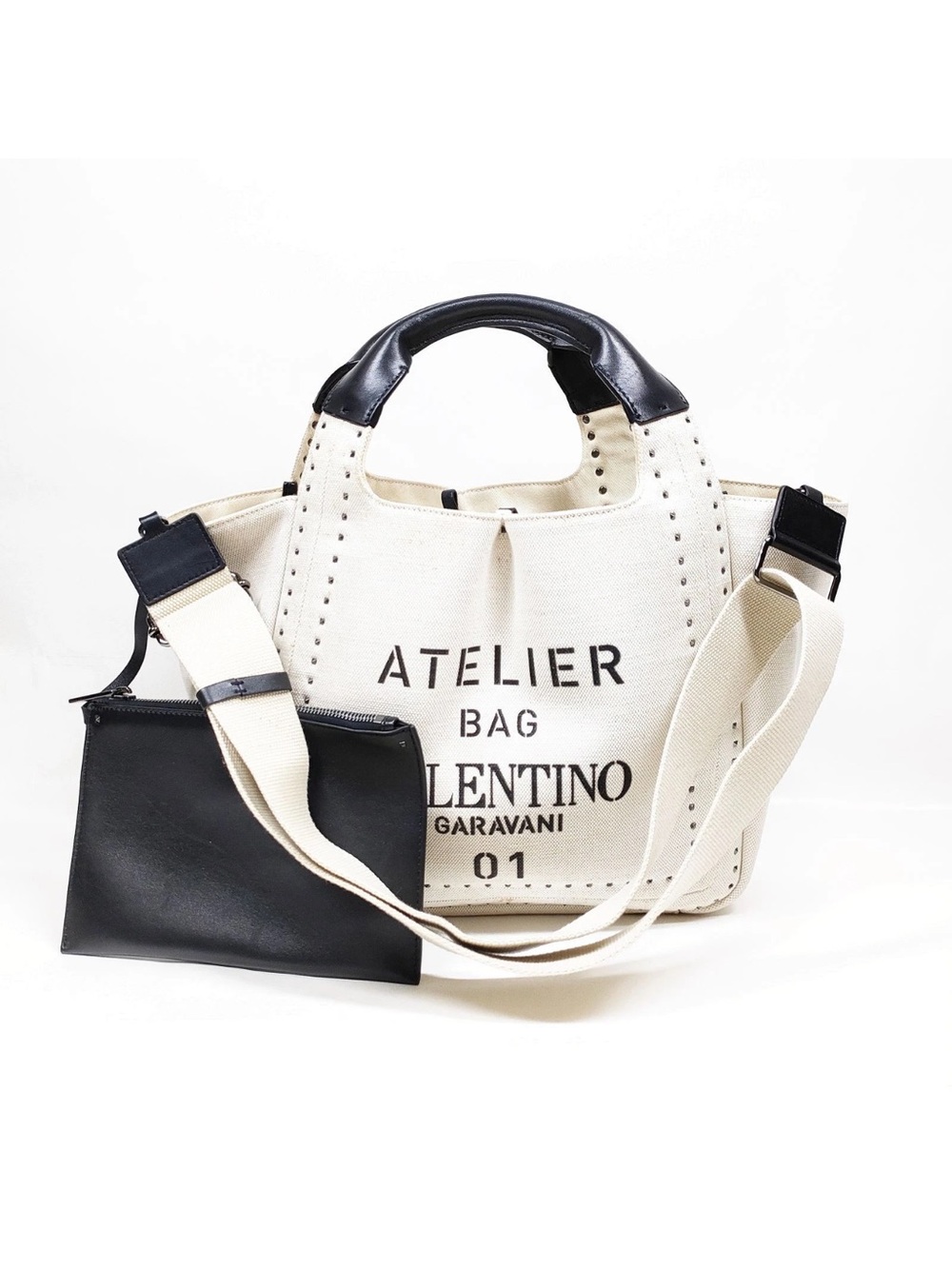 Valentino Garavani Cream Canvas Tote with Black Trim